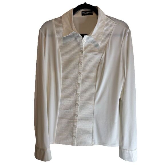 Karl Lagerfield Mixed Material Button Up Blouse Pleated Front Womens Size Small - Picture 7 of 9